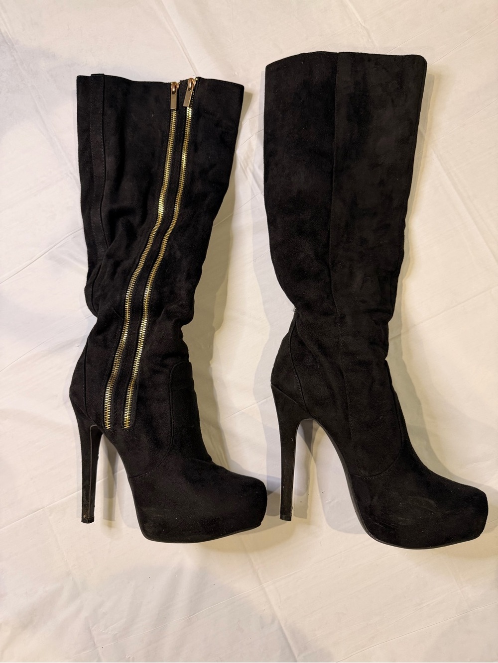 Y2K Donatelle Black Knee High Platform Stiletto Boots Gold Zippers Size 9